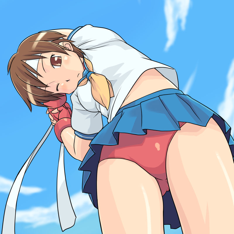 hinemosu notari, kasugano sakura, capcom, street fighter, bad id, bad pixiv id, 1girl, blue sailor collar, brown eyes, brown hair, buruma, cowboy shot, female focus, from below, looking down, sailor collar, school uniform, serafuku, solo, stretching, upskirt