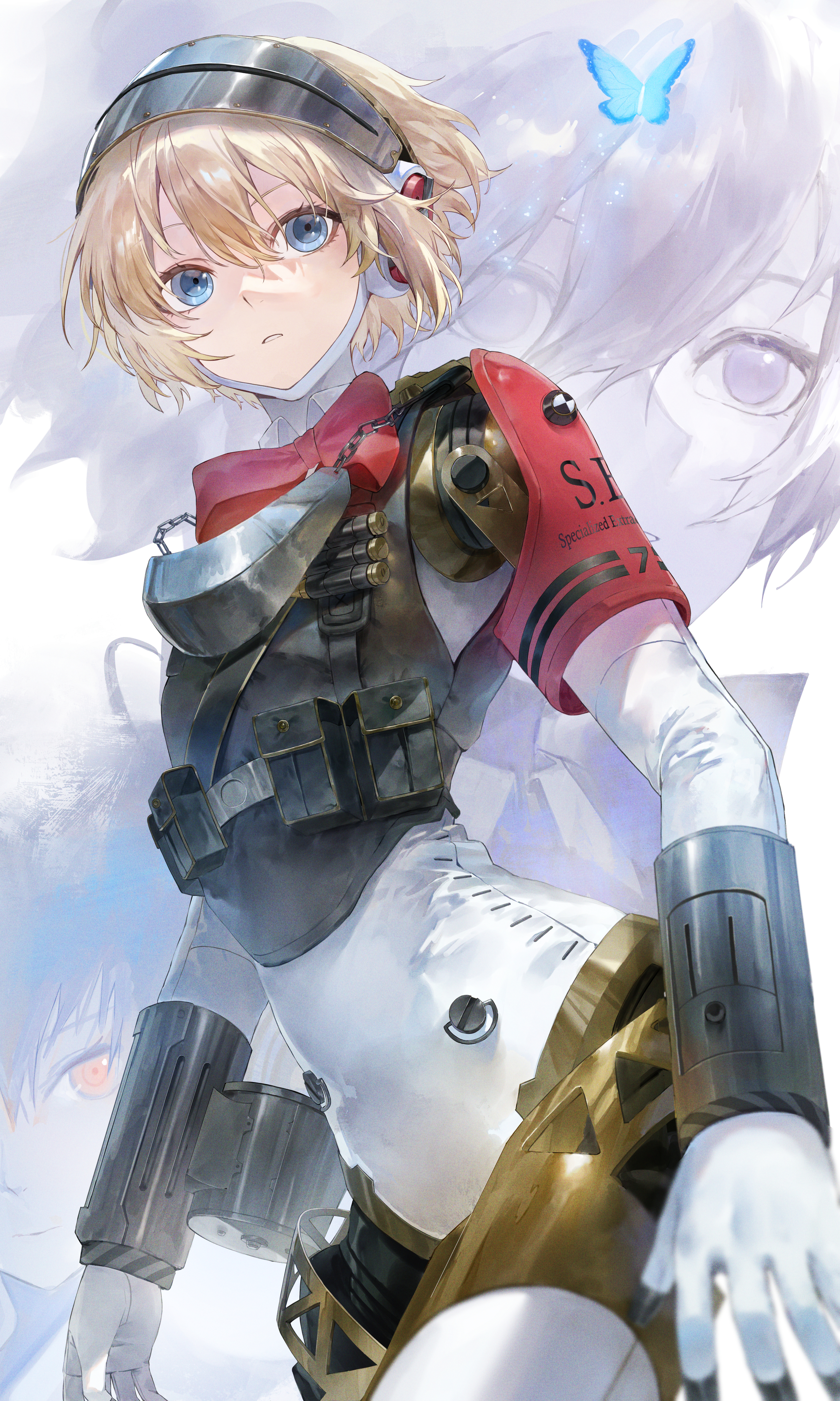 fudepenbrushpen, aigis (persona), metis (persona), yuuki makoto (persona 3), persona, persona 3, persona 3 reload, persona 3 the answer, absurdres, commentary, highres, 1boy, 2girls, android, armband, black hairband, black vest, blonde hair, blue butterfly, blue eyes, bow, bug, butterfly, cowboy shot, hair between eyes, hairband, insect, joints, looking ahead, multiple girls, parted lips, red armband, red bow, red eyes, robot ears, robot joints, s.e.e.s, short hair, vest