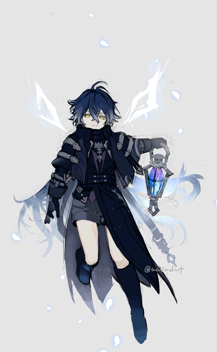 wasadnt, flins (genshin impact), genshin impact, highres, 1boy, antenna hair, belt, black coat, black gloves, boots, closed mouth, coat, crossed bangs, double-parted bangs, empty eyes, floating hair, gloves, grey background, grey shorts, holding, holding lantern, lantern, long hair, long sleeves, male focus, outstretched arm, shorts, sleeve cuffs, smile, solo, twitter username, very long hair, wings, yellow eyes