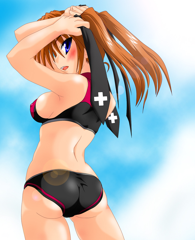 ryokusuiteien, teana lanster, lyrical nanoha, mahou shoujo lyrical nanoha, mahou shoujo lyrical nanoha strikers, 00s, 1girl, adjusting hair, ass, bikini, black bikini, blue eyes, blush, breasts, covered erect nipples, female focus, looking back, medium breasts, orange hair, solo, swimsuit, twintails