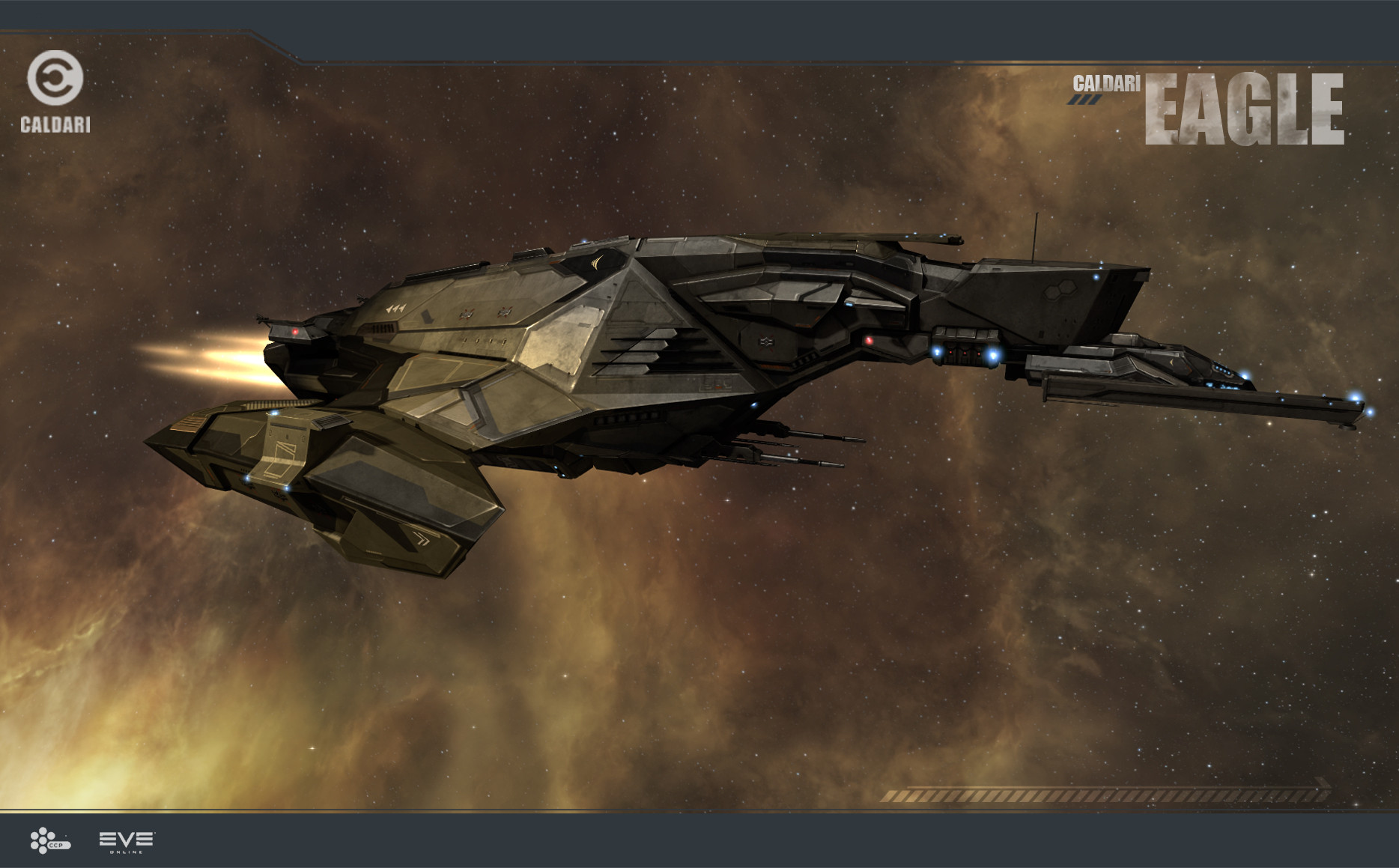 eve online, commentary, english commentary, highres, maya (medium), official art, photoshop (medium), 3d, advanced ship (eve online), assault ship (eve online), brown background, brown theme, caldari state (eve online), cloud, combat ship (eve online), company logo, company name, copyright logo, copyright name, cruiser (eve online), dated, emblem, english text, fire, flying, glowing, ishukone corporation (eve online), logo, military vehicle, moa (eve online), no humans, outdoors, radio antenna, realistic, science fiction, space, spacecraft, star (sky), starry sky background, tech 2 ship (eve online), vehicle focus, ymir jonsson