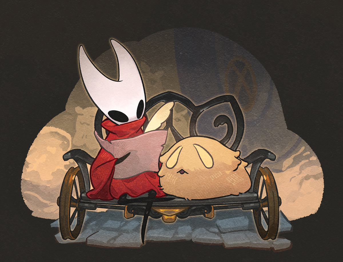 wraith615, flea (hollow knight), hornet (hollow knight), hollow knight, hollow knight: silksong, 1girl, arthropod girl, black skin, cloak, colored skin, fangs, full body, holding, holding map, holding quill, hollow eyes, horned mask, map, mask, no humans, no mouth, on bench, open mouth, quill, red cloak, simple background, sitting, white mask