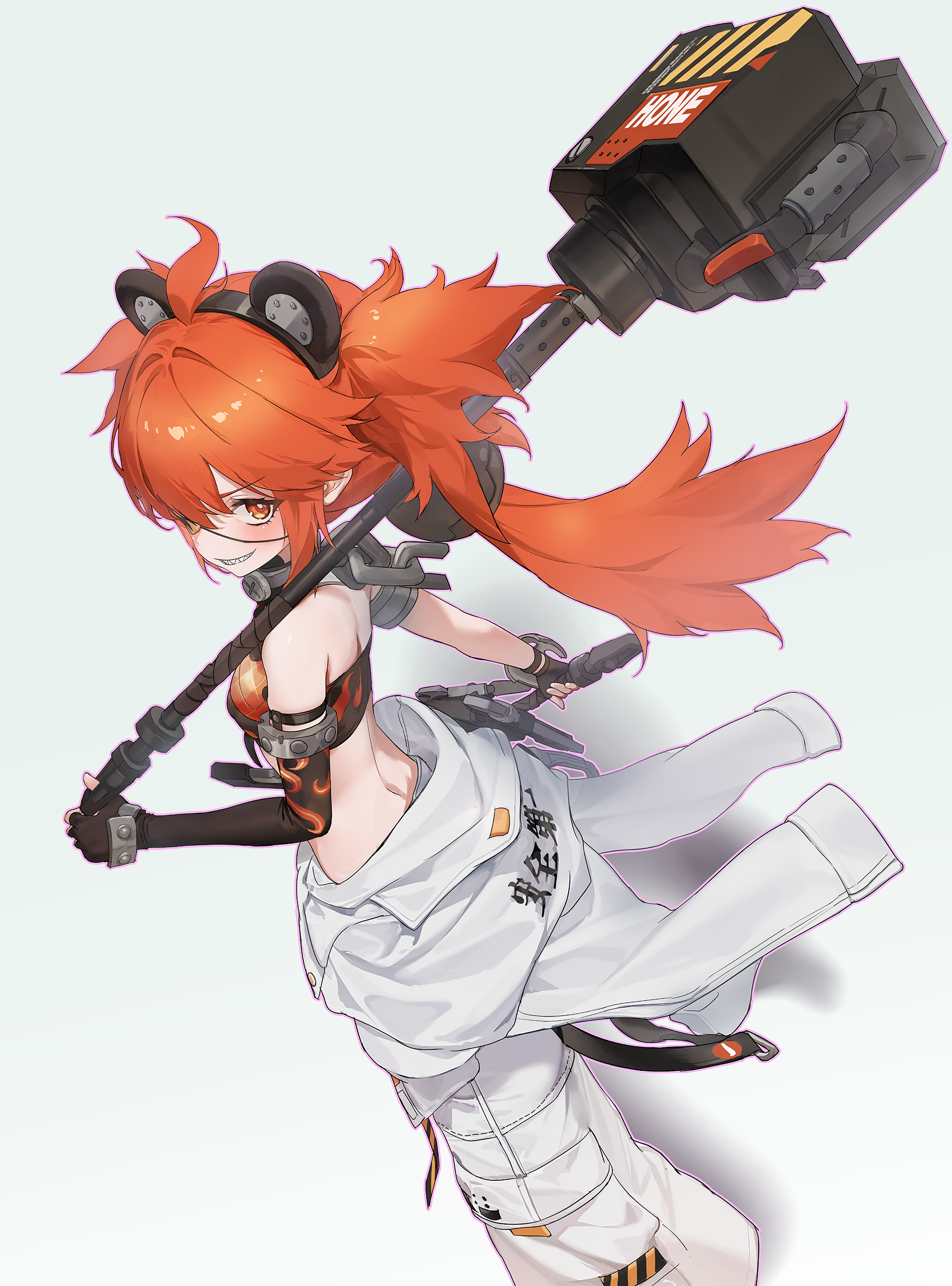 tiaogeng, koleda belobog, zenless zone zero, absurdres, commentary request, highres, making-of available, 1girl, animal ears, asymmetrical gloves, bare shoulders, black gloves, collar, crop top, elbow gloves, eyepatch, fake animal ears, fingerless gloves, flame print, from above, from behind, gloves, grin, hair between eyes, hair ornament, hammer, headband, holding, holding hammer, long hair, looking at viewer, metal collar, navel, pants, red eyes, red hair, single elbow glove, smile, solo, sphere hair ornament, standing, striped headband, teeth, twintails, white background, white pants