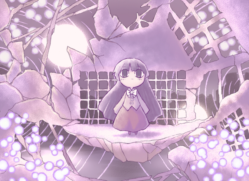 nekoguruma, houraisan kaguya, touhou, light, 1girl, chibi, female focus, full body, indoors, long hair, moon, ribbon, sky, solo, standing