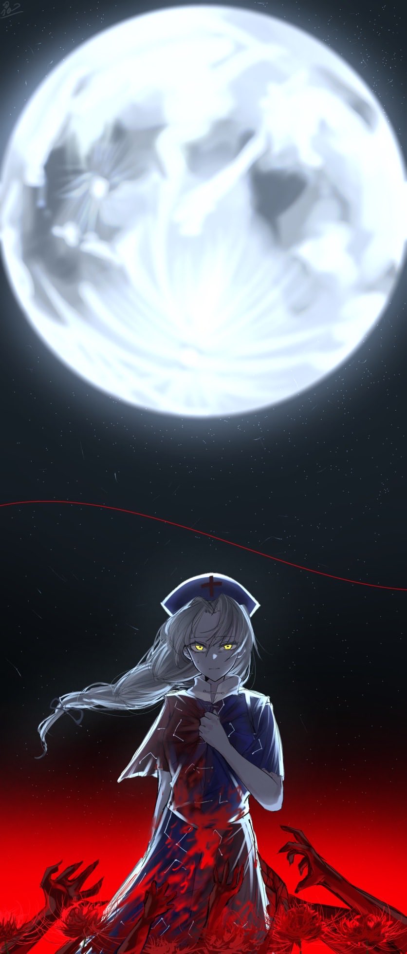 yagokoro eirin, touhou, commentary request, highres, 1girl, blood, blood on clothes, blue dress, braid, closed mouth, dress, flower, full moon, glowing, glowing eyes, gradient background, gy9vxciahg25405, hand on own chest, hat, long hair, looking at viewer, moon, night, night sky, nurse cap, red dress, short sleeves, sky, solo, spider lily, two-tone dress, white hair, yellow eyes