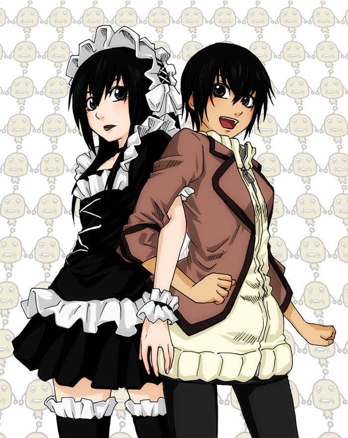 tansan otoko, kaneshiro yuu, yuuki kei, moyashimon, arm grab, 1boy, 1girl, black eyes, black hair, cowboy shot, dress, dual persona, frills, gothic lolita, hairband, kaneshiro yu, locked arms, lolita fashion, long hair, pantyhose, short hair, thighhighs, trap, wristband, yu kaneshiro, zettai ryouiki