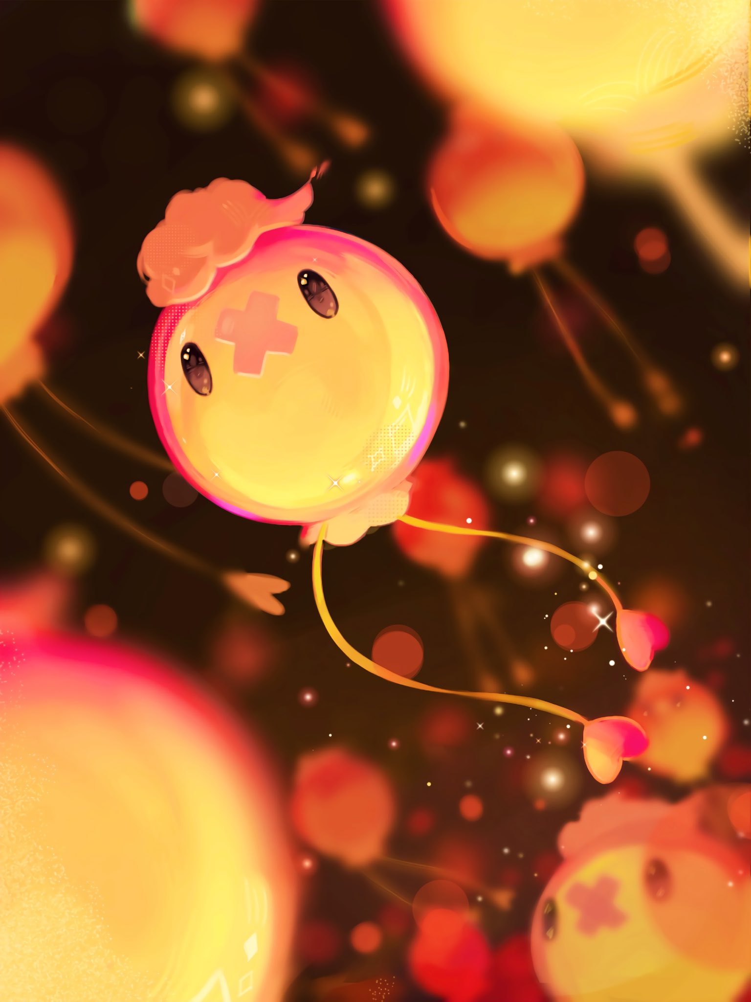 harumomo (@harumomo123456), drifloon, nintendo, pokemon, highres, balloon, black eyes, closed mouth, floating, gen 4 pokemon, night, no humans, outdoors, pokemon (creature), pokemon focus, solid oval eyes
