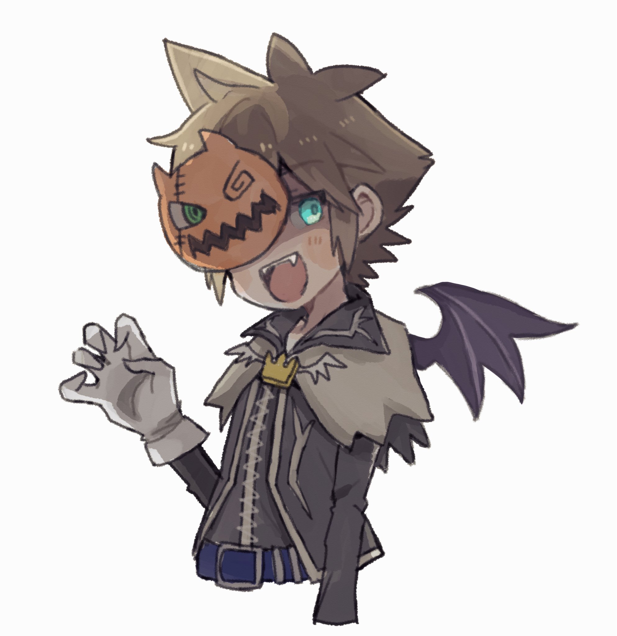 sora (halloween town) (kingdom hearts), sora (kingdom hearts), kingdom hearts, kingdom hearts i, commentary, highres, 1boy, arm up, bat wings, belt, belt buckle, black jacket, blue belt, blue eyes, brown hair, buckle, claw pose, collared jacket, fangs, gloves, halloween, jacket, kpp kh, long sleeves, looking to the side, male focus, mask, one eye covered, parted bangs, short hair, sideways glance, simple background, single wing, solo, star (symbol), teeth, tongue, upper teeth only, white background, white gloves, wings
