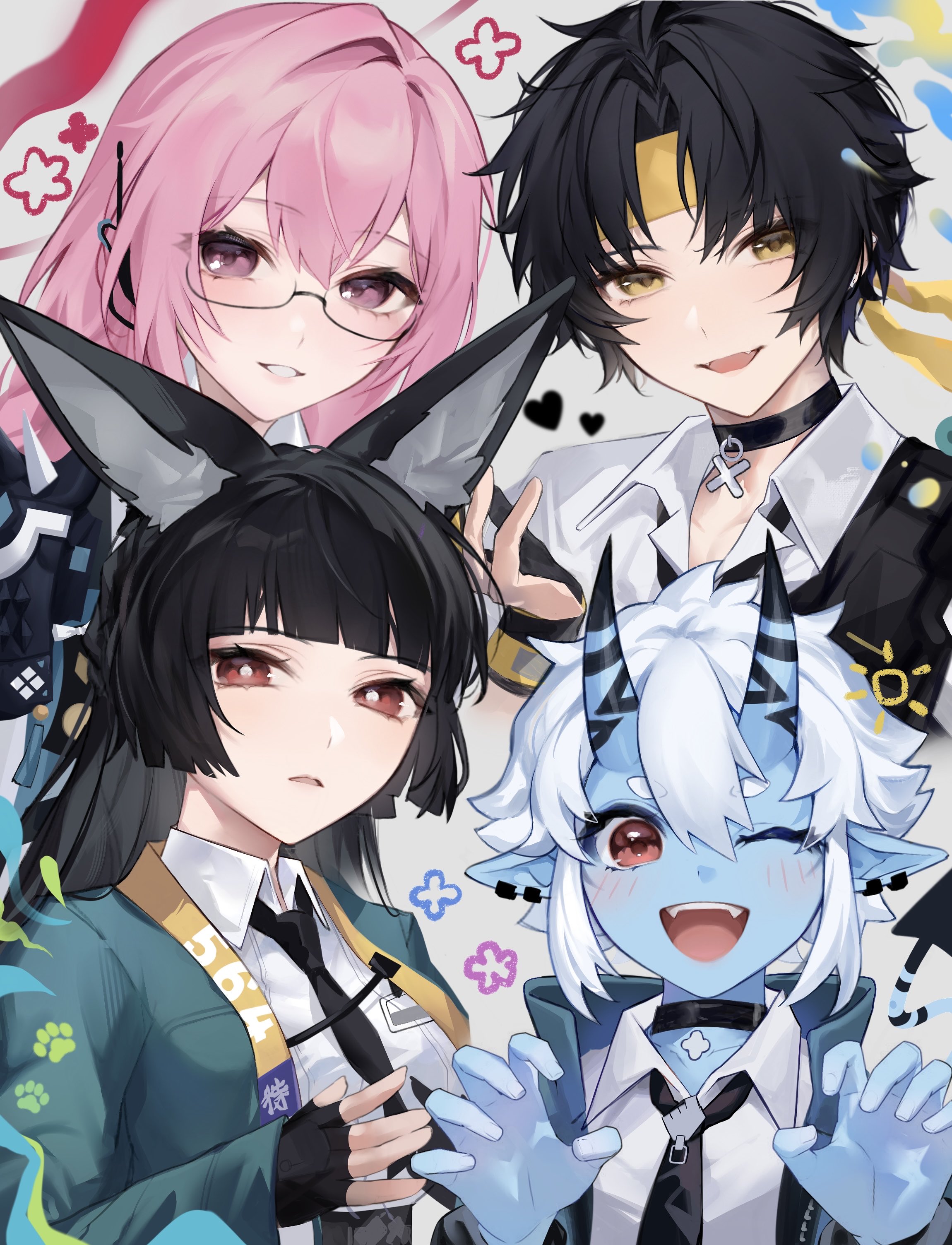 asuma up, asaba harumasa, hoshimi miyabi, soukaku (zenless zone zero), tsukishiro yanagi, zenless zone zero, absurdres, commentary request, highres, 1boy, 3girls, animal ear fluff, animal ears, animal hands, aqua jacket, armor, black hair, black necktie, blue horns, blue oni, blue skin, blue tail, blush, choker, collarbone, colored skin, ear piercing, earrings, fangs, fingerless gloves, floral print, fox ears, fox girl, glasses, gloves, green jacket, hair between horns, half gloves, head tilt, headband, heart, horns, id card, jacket, jewelry, long hair, looking at viewer, multicolored horns, multiple girls, necktie, one eye closed, oni, open mouth, paw gloves, piercing, pink eyes, pink hair, pointy ears, shirt, short hair, shoulder armor, single fingerless glove, single half glove, skin-covered horns, smile, tail, teeth, tongue, two-tone horns, two-tone tail, upper teeth only, white background, white hair, white shirt, yellow eyes, yellow headband