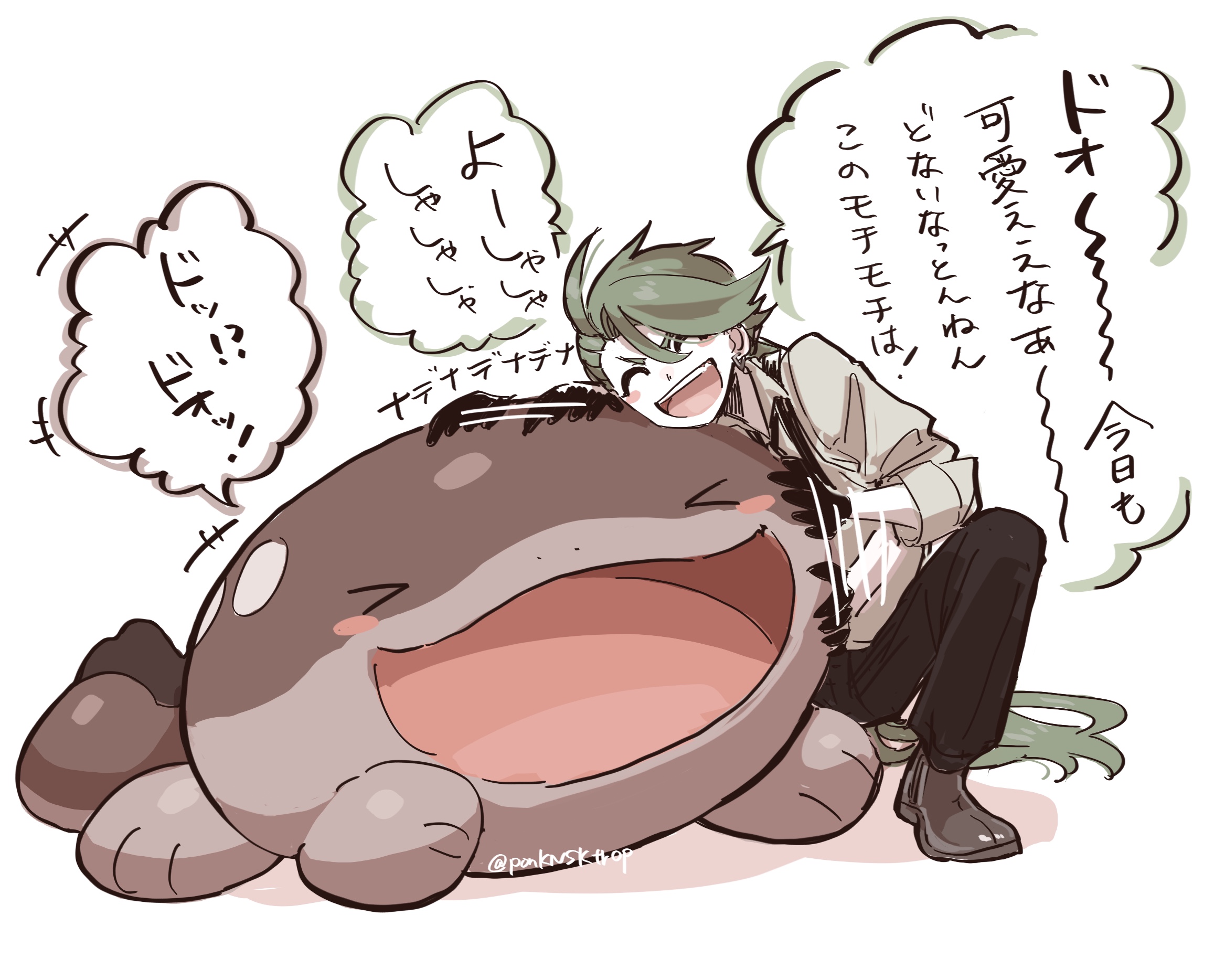 pon (ponymmtknsk), clodsire, rika (pokemon), nintendo, pokemon, pokemon sv, commentary request, highres, translation request, > <, 1girl, ^ ^, afterimage, black gloves, black pants, blush, blush stickers, brown shoes, closed eyes, eyelashes, gloves, green hair, grey shirt, long hair, long sleeves, motion lines, nostrils, open mouth, pants, petting, pokemon (creature), shirt, shoes, simple background, smile, speech bubble, squatting, teeth, upper teeth only, v-shaped eyebrows, very long hair, white background