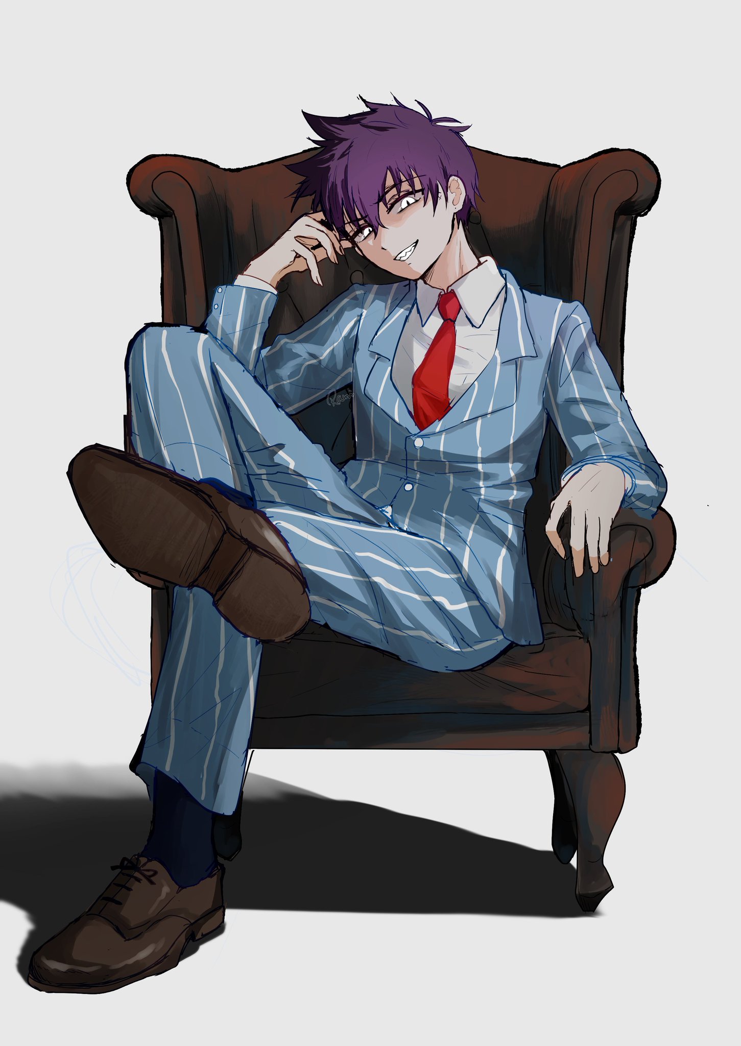 rami 1300, bossman hero, hero (headspace) (omori), hero (omori), omori, hashtag-only commentary, highres, 1boy, antenna hair, arm rest, artist name, black socks, blue jacket, blue pants, brown shoes, buttons, collared shirt, couch, crossed legs, fingernails, full body, grey background, hair behind ear, hair between eyes, hand up, jacket, knee up, layered sleeves, long sleeves, looking at viewer, male focus, necktie, official alternate eye color, on couch, pants, pinstripe jacket, pinstripe pants, pinstripe pattern, purple hair, red necktie, shadow, shirt, shoes, short hair, simple background, sitting, slit pupils, socks, solo, very short hair, white eyes, white shirt
