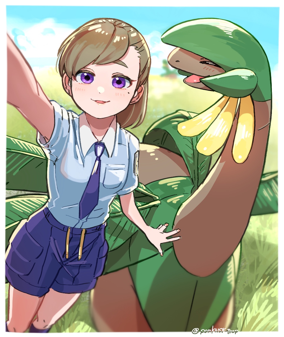 pon (ponymmtknsk), tropius, nintendo, pokemon, pokemon sv, commentary request, 1girl, blue sky, blurry, blurry background, blush, border, breast pocket, brown hair, cloud, collared shirt, day, eyelashes, gen 3 pokemon, grass, medium hair, mole, mole under eye, necktie, open mouth, outdoors, outstretched arm, pocket, pokemon (creature), purple eyes, purple necktie, purple shorts, school uniform, selfie, shirt, shorts, sky, smile, uva academy school uniform, white border, white shirt