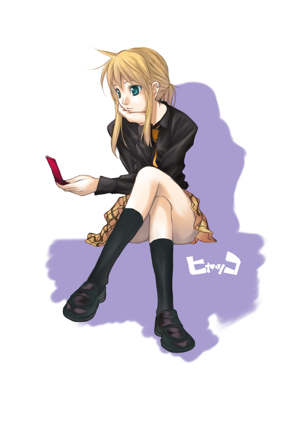 kobuta, kageyama torako, hyakko, highres, 00s, 1girl, cellphone, copyright name, crossed legs, female focus, full body, green eyes, head rest, kneehighs, long hair, necktie, orange hair, phone, ponytail, school uniform, sitting, skirt, socks, solo