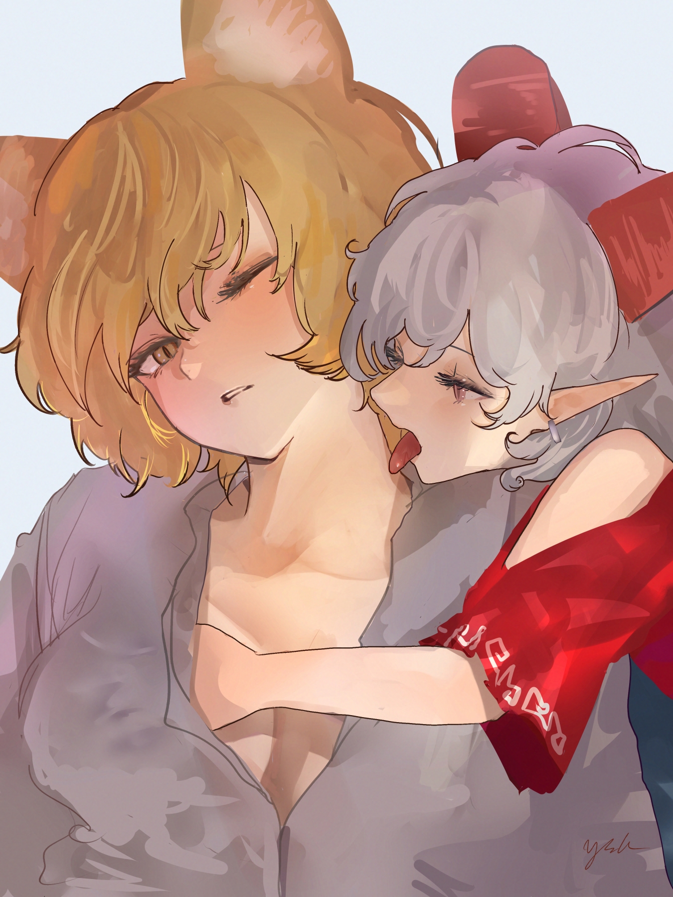 eneshi, toutetsu yuuma, yakumo ran, touhou, commentary request, highres, 2girls, animal ears, blonde hair, blush, breasts, collarbone, fox ears, fox girl, grabbing another's breast, grey hair, groping, horns, large breasts, licking, licking another's neck, medium hair, multiple girls, one eye closed, open clothes, open shirt, pink eyes, pointy ears, sheep horns, shirt, signature, upper body, white shirt, yellow eyes, yuri