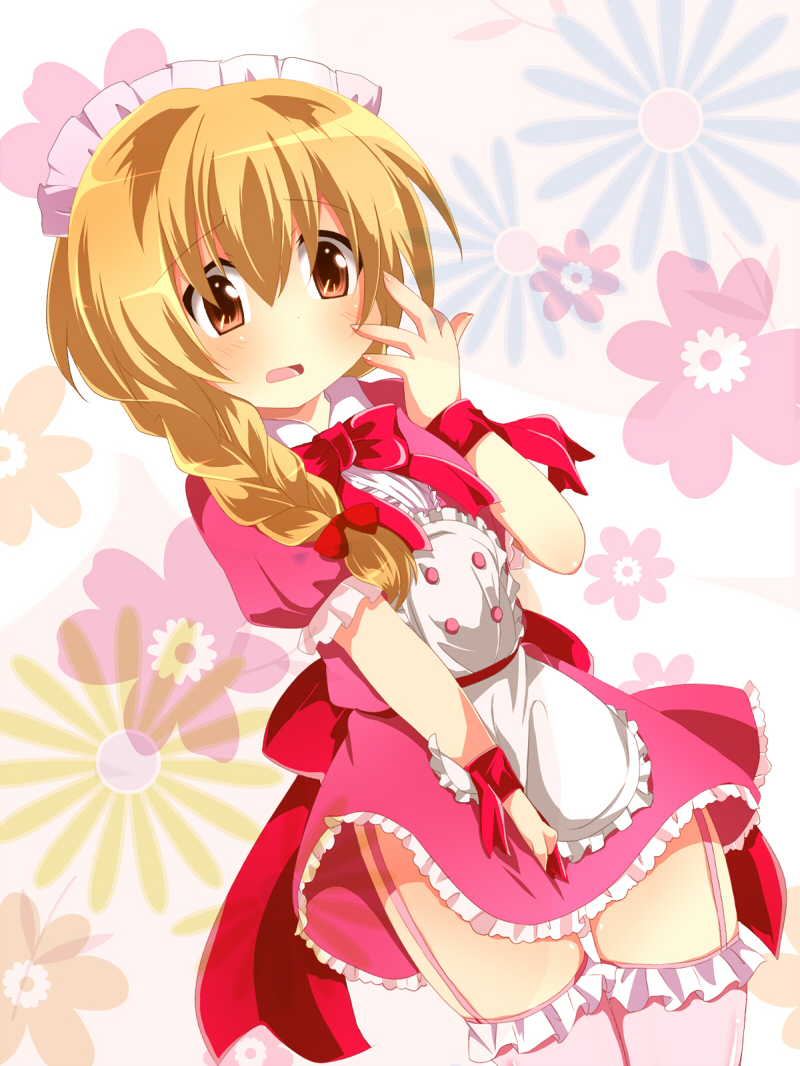 nonoto, nishikura akeru, kyouran kazoku nikki, bad id, bad pixiv id, 00s, blonde hair, blush, bow, braid, brown eyes, crossdressing, crossdressing (mtf), frilled thighhighs, frills, garter straps, hairband, long hair, maid, male focus, male maid, solo, thighhighs, trap, zettai ryouiki