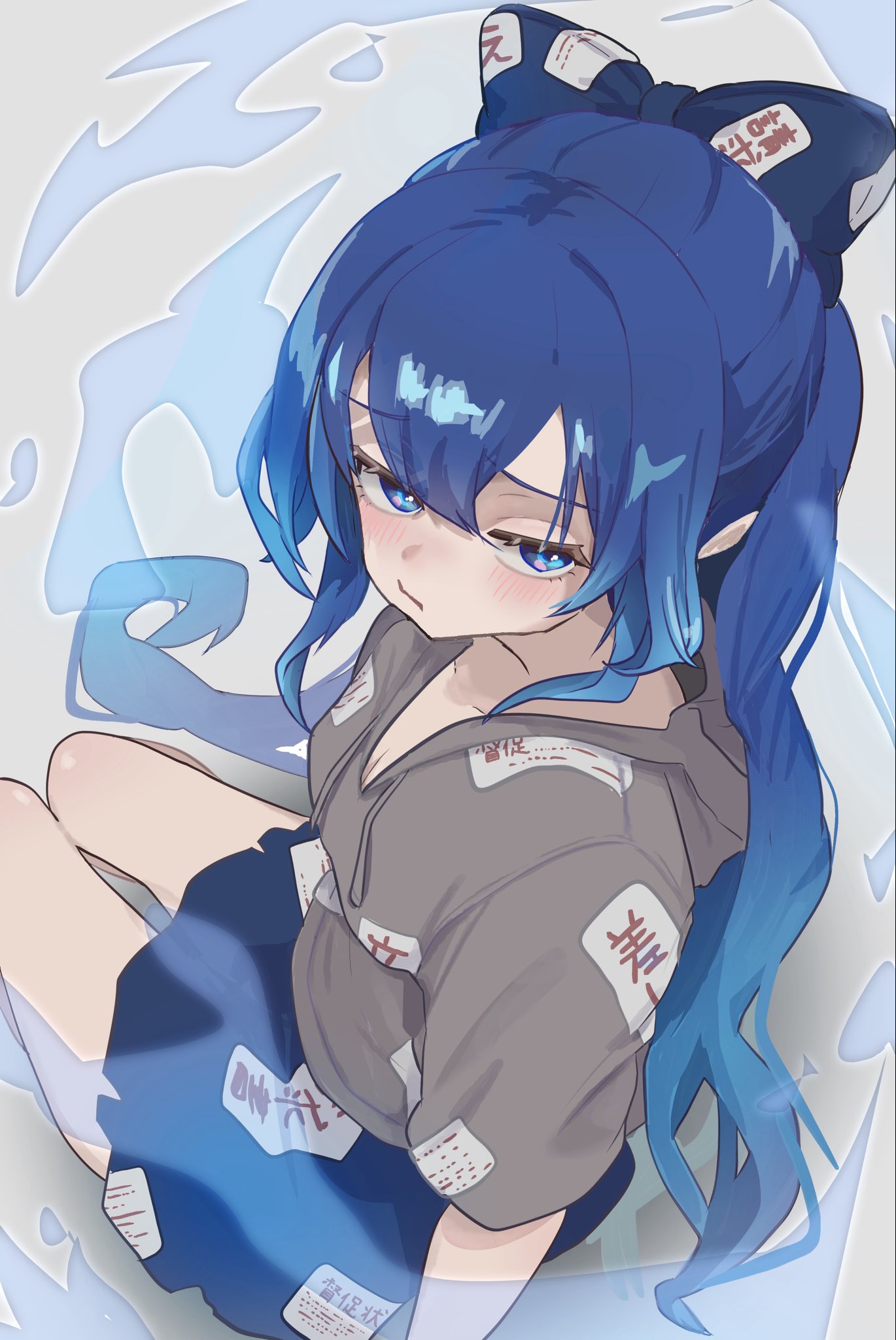 delta delta, yorigami shion, touhou, commentary request, highres, 1girl, blue bow, blue eyes, blue hair, blue skirt, blush, bow, breasts, cleavage, closed mouth, collarbone, from above, from behind, grey hoodie, hood, hoodie, long hair, looking at viewer, looking back, short sleeves, sitting, skirt, small breasts, solo, thighs