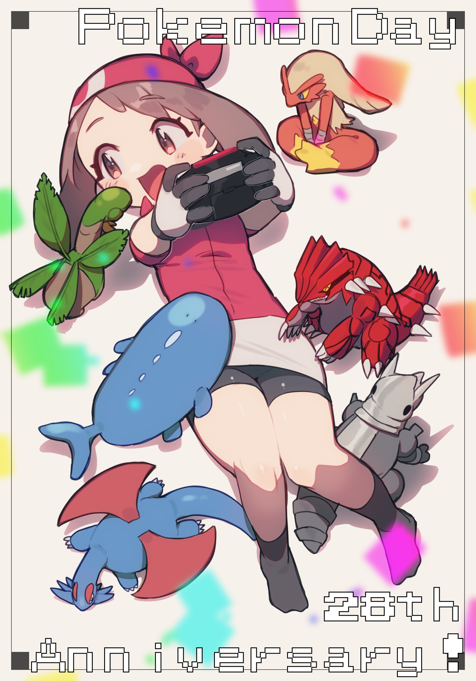 pondai (toileet), aggron, blaziken, groudon, may (pokemon), salamence, tropius, wailord, nintendo, pokemon, pokemon rse, highres, 1girl, :d, anniversary, bandana, bike shorts, black shorts, black socks, brown eyes, brown hair, chibi, full body, game boy advance, gen 3 pokemon, gloves, handheld game console, holding, holding handheld game console, legendary pokemon, open mouth, pokemon (creature), pokemon day, red bandana, red shirt, shirt, short hair, shorts, smile, socks