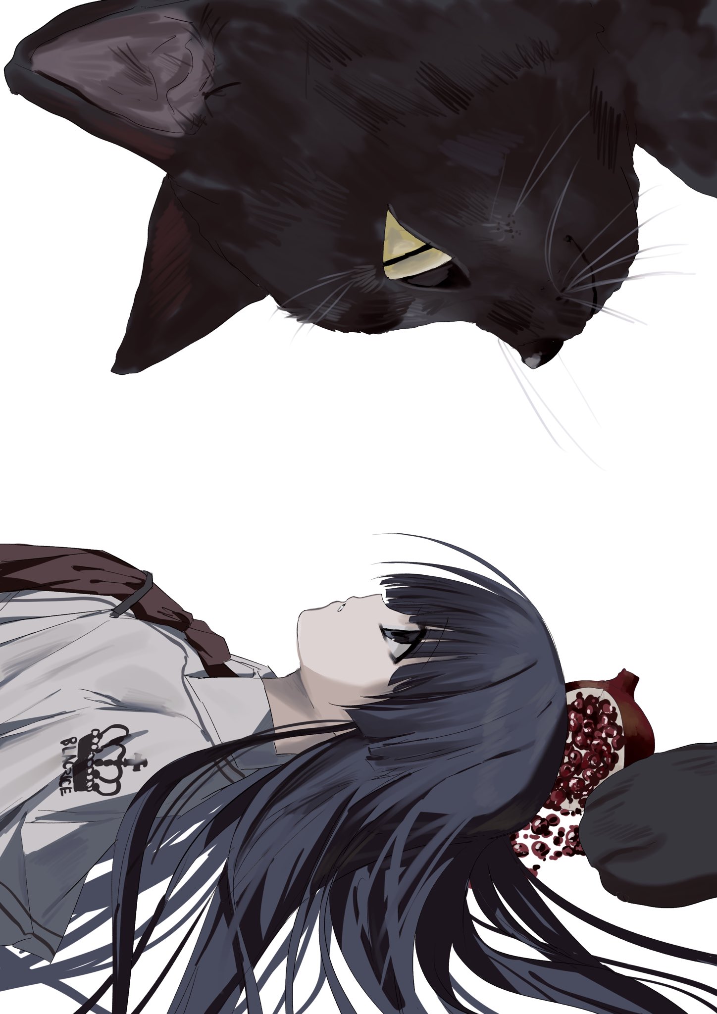 kasukasugom1, takashima zakuro, subarashiki hibi, highres, 1girl, animal, black cat, black eyes, black hair, capelet, cat, expressionless, eye contact, food, from side, fruit, long hair, looking at animal, looking at another, looking up, lying, necktie, on back, oversized animal, parted lips, pomegranate, profile, red necktie, school uniform, simple background, solo, upper body, white background, white capelet