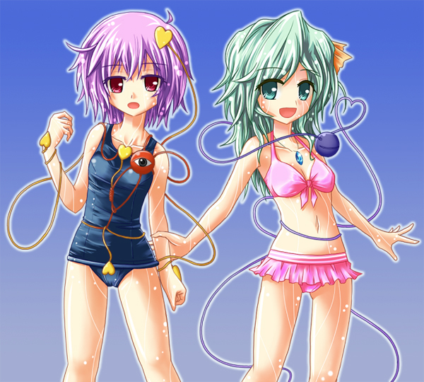 shake, shake (pixiv), toshizaki shouma, komeiji koishi, komeiji satori, touhou, bad id, bad pixiv id, painttool sai (medium), 2girls, bikini, eyeball, female focus, heart, heart of string, multiple girls, one-piece swimsuit, school swimsuit, short hair, siblings, sisters, swimsuit, third eye