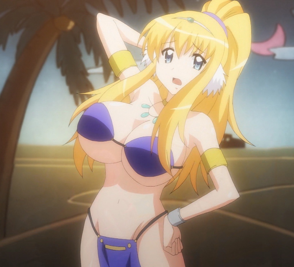 tiffania westwood, zero no tsukaima, anime screenshot, stitched, third-party edit, 00s, 1girl, bikini, blonde hair, blue eyes, breasts, dancer, female focus, jewelry, large breasts, long hair, lots of jewelry, navel, purple bikini, solo, swimsuit