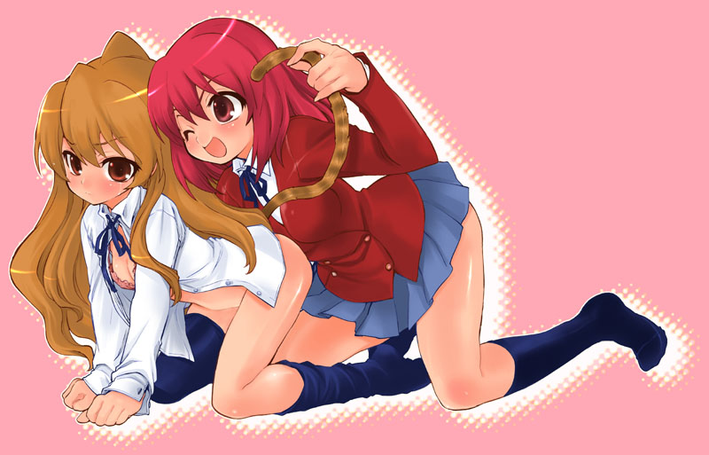 takao ukyou, aisaka taiga, kushieda minori, toradora!, striped, 00s, 2girls, all fours, bottomless, bra, brown eyes, brown hair, cat tail, flat chest, kneehighs, lingerie, long hair, multiple girls, no panties, open clothes, open shirt, red eyes, red hair, shirt, short hair, socks, tail, thighhighs, underwear, undressing, yuri