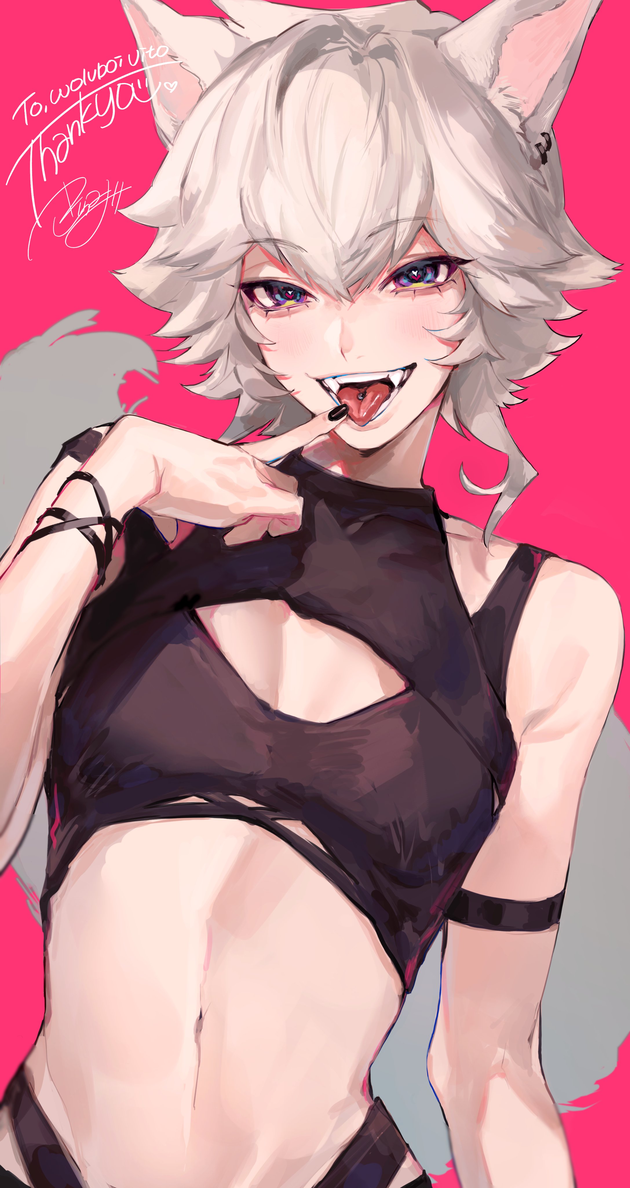 kiriumior 0909, wolvboi vito, indie virtual youtuber, absurdres, commentary, commission, highres, second-party source, 1boy, animal ears, black nails, center opening, cleavage cutout, clothing cutout, crop top, fangs, looking at viewer, male focus, multicolored eyes, navel, open mouth, piercing, solo, thank you, tongue, tongue out, tongue piercing, upper body, virtual youtuber, white hair, wolf ears