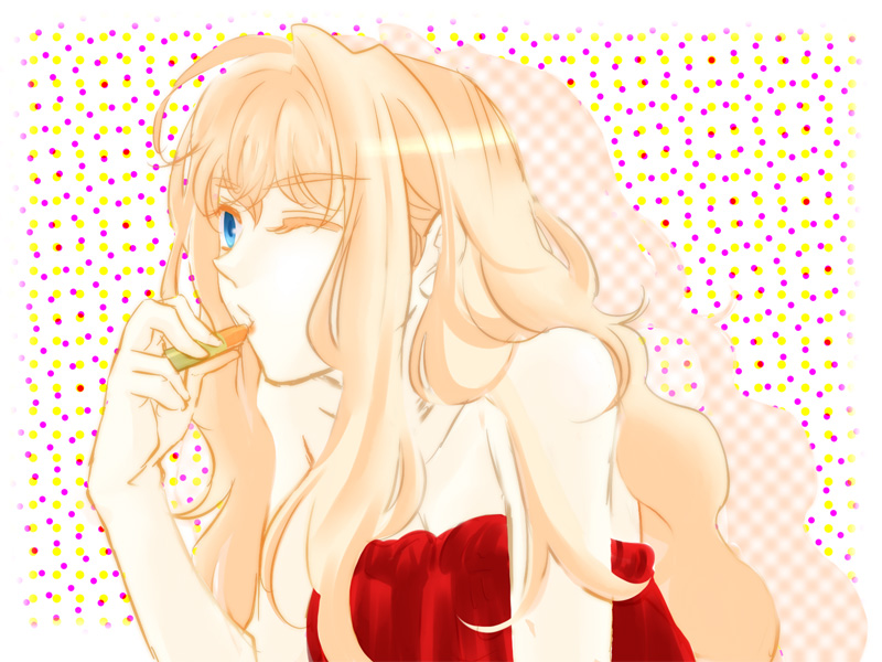 az0212, sheryl nome, macross, macross frontier, bad id, bad pixiv id, 00s, bare shoulders, blonde hair, dress, lipstick, makeup, one eye closed, red dress, solo, strapless, strapless dress, wink