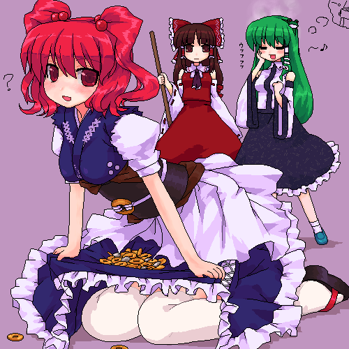 ktsecond, hakurei reimu, kochiya sanae, onozuka komachi, touhou, bad id, bad pixiv id, lowres, 3girls, female focus, multiple girls, oekaki, skirt, thighhighs