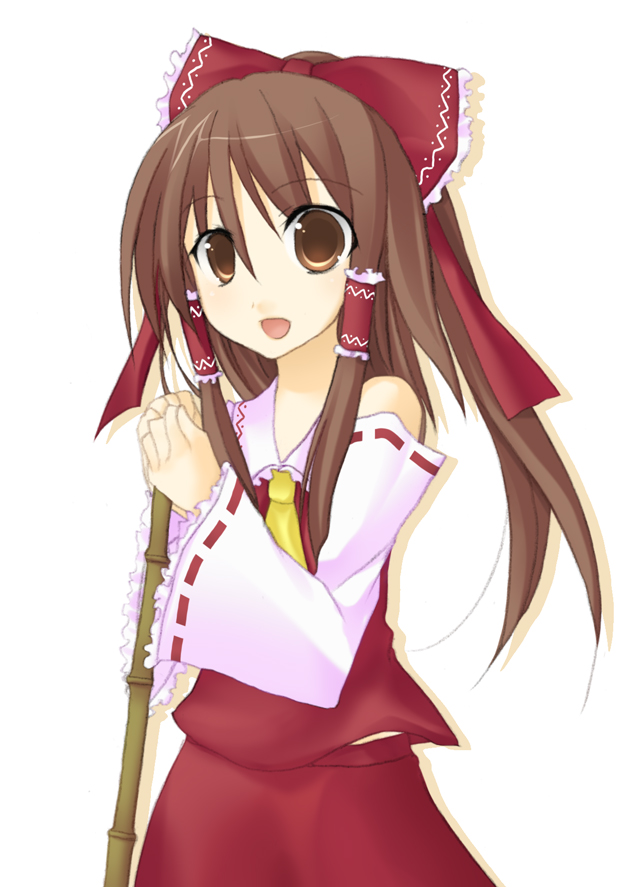 amagu, hakurei reimu, touhou, bad id, bad pixiv id, 1girl, bow, brown eyes, brown hair, detached sleeves, female focus, hair bow, japanese clothes, miko, skirt, solo, white background