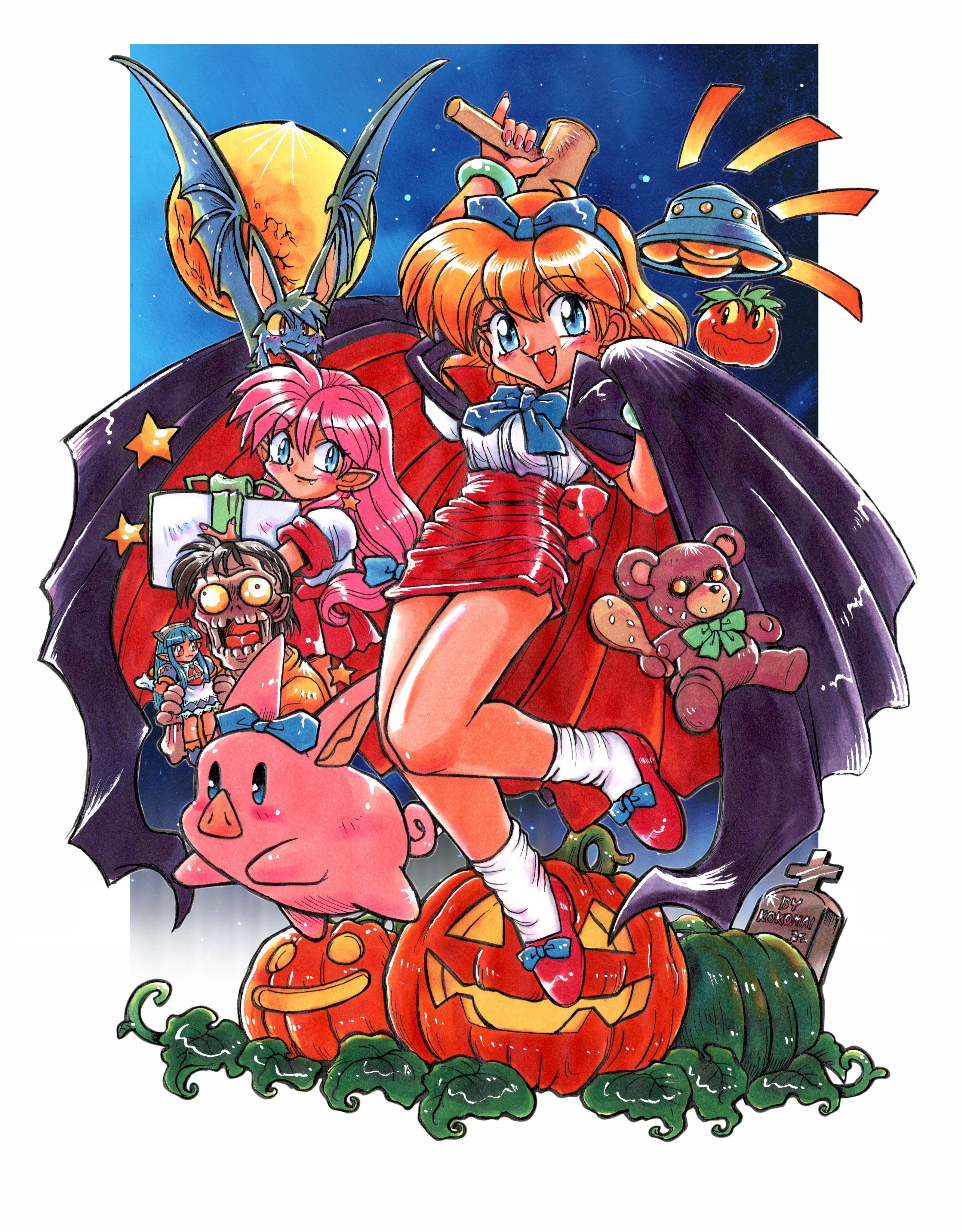 kokomahi, crime crackers, absurdres, commentary, highres, official art, 1boy, 2girls, animal, arm up, artist name, back bow, bat (animal), black cape, black eyes, black hair, blonde hair, blue bow, blue bowtie, blue eyes, blue hairband, bow, bow hairband, bowtie, box, bracelet, cameo, cape, cape hold, closed mouth, club (weapon), colored sclera, dokidoki vampire, earrings, fang, figure, flying saucer, footwear bow, full moon, gift, gift box, green bow, green bowtie, green ribbon, hair bow, hairband, hakushaku (dokidoki vampire), holding, holding figure, holding gift, holding mallet, isabella (dokidoki vampire), jack-o'-lantern, jewelry, long hair, looking at viewer, low-tied long hair, lucy (dokidoki vampire), mallet, michael (dokidoki vampire), miniskirt, moon, multiple girls, night, notice lines, open mouth, orange shirt, pencil skirt, pig, pink hair, pleated skirt, pointy ears, pumpkin, red bow, red bowtie, red cape, red eyes, red shoes, red skirt, ribbon, school uniform, shelly (dokidoki vampire), shirt, shirt tucked in, shoes, short hair, skirt, smile, socks, spacecraft, star (symbol), star earrings, stuffed animal, stuffed toy, teddy bear, tomato, tombstone, two-sided cape, two-sided fabric, ufo, vampire, weapon, wendy wilkinson, white shirt, white socks, yellow sclera, zombie