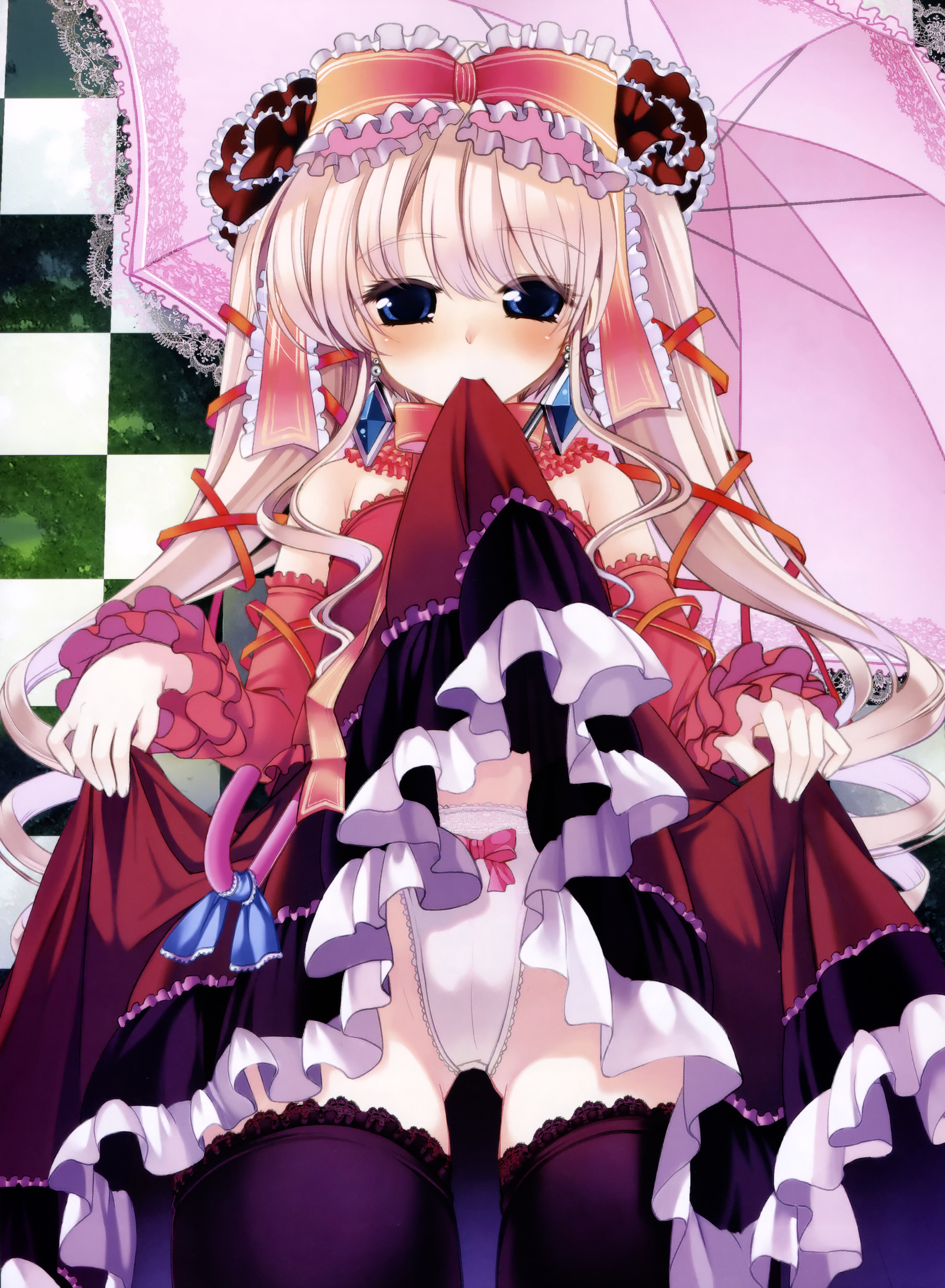 ikawa waki, silver hair, absurdres, highres, non-web source, 1girl, blue eyes, blush, bow, clothes lift, detached sleeves, dress, dress lift, drill hair, earrings, female focus, hairband, headband, jewelry, lolita fashion, long hair, mouth hold, panties, parasol, ribbon, skirt, skirt lift, solo, thighhighs, umbrella, underwear, very long hair, white panties