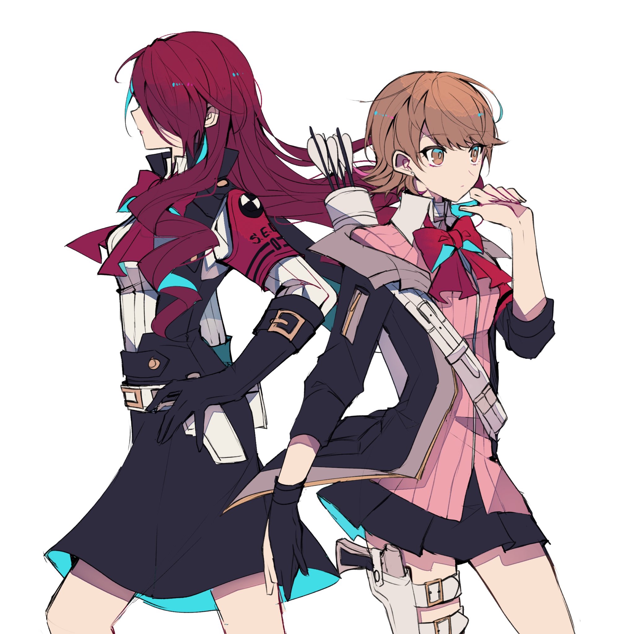 teketeke (tasutekete), kirijou mitsuru, takeba yukari, persona, persona 3, persona 3 reload, highres, 2girls, archery shooting glove, armband, arrow (projectile), back-to-back, black gloves, black jacket, black skirt, bow, bow (weapon), bowtie, brown eyes, brown hair, cardigan, choker, closed mouth, collared shirt, evoker, feet out of frame, gekkoukan high school uniform, gloves, hand on own hip, holster, jacket, long hair, miniskirt, multiple girls, open clothes, open jacket, partially fingerless gloves, pink cardigan, pleated skirt, quiver, red armband, red bow, red bowtie, red hair, ribbed cardigan, s.e.e.s, school uniform, shirt, short hair, single glove, skirt, thigh holster, weapon, white background, white choker, white shirt