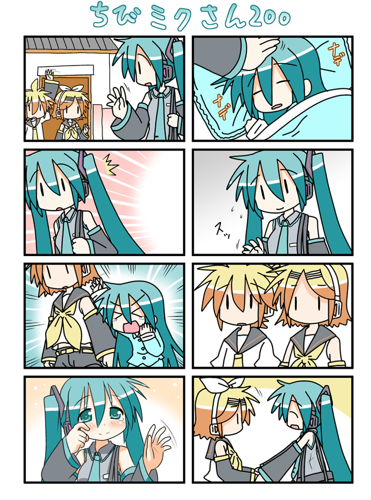 minami (colorful palette), chibi miku, hatsune miku, kagamine len, kagamine rin, vocaloid, > <, 1boy, 3girls, 4koma, chibi, closed eyes, comic, multiple 4koma, multiple girls, silent comic, sleeping, tears, twintails, | |