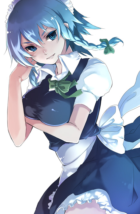 hase neet, izayoi sakuya, touhou, breast hold, silver hair, bad id, bad pixiv id, 1girl, blue eyes, braid, breasts, female focus, hairband, large breasts, maid, ribbon, ringed eyes, short hair, smile, smirk, solo, twin braids