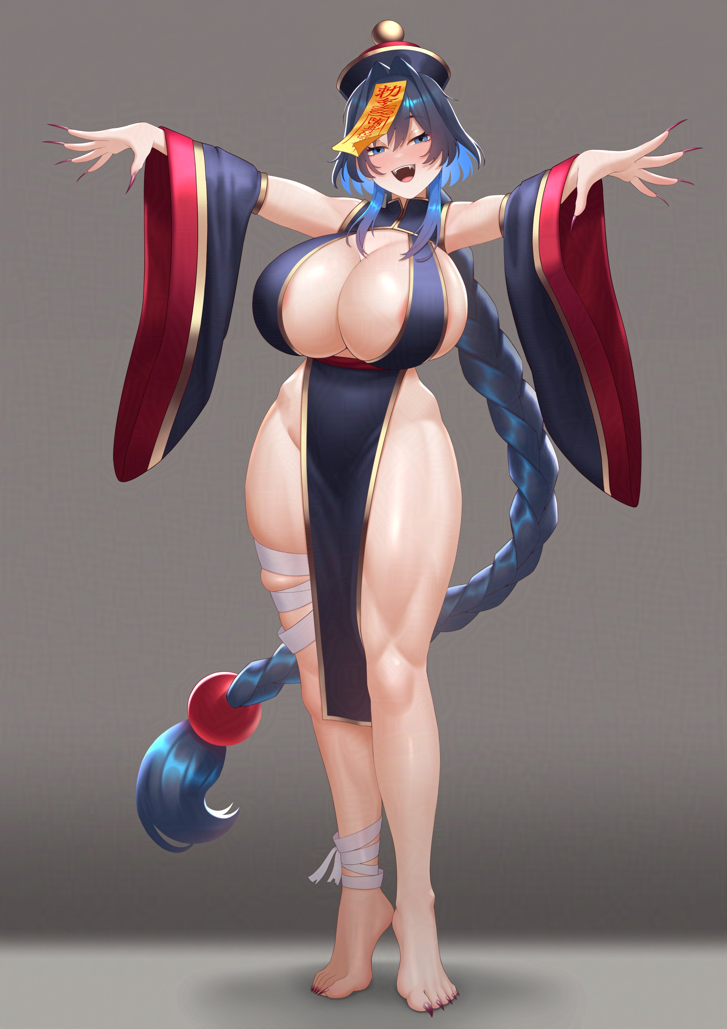 cipher4109, ouro kronii, hololive, hololive english, absurdres, highres, 1girl, alternate costume, barefoot, black hair, blue eyes, blue hair, blush, breasts, chinese clothes, cleavage, colored inner hair, dress, fingernails, hair intakes, hat, hat ornament, huge breasts, jiangshi, jiangshi costume, lace-trimmed sleeves, lace trim, large breasts, long fingernails, long hair, long sleeves, long toenails, looking at viewer, multicolored hair, ofuda, open mouth, outstretched arms, purple hat, qingdai guanmao, sharp fingernails, simple background, smile, solo, talisman, tangzhuang, thighs, tiptoes, toenails, virtual youtuber, zombie pose