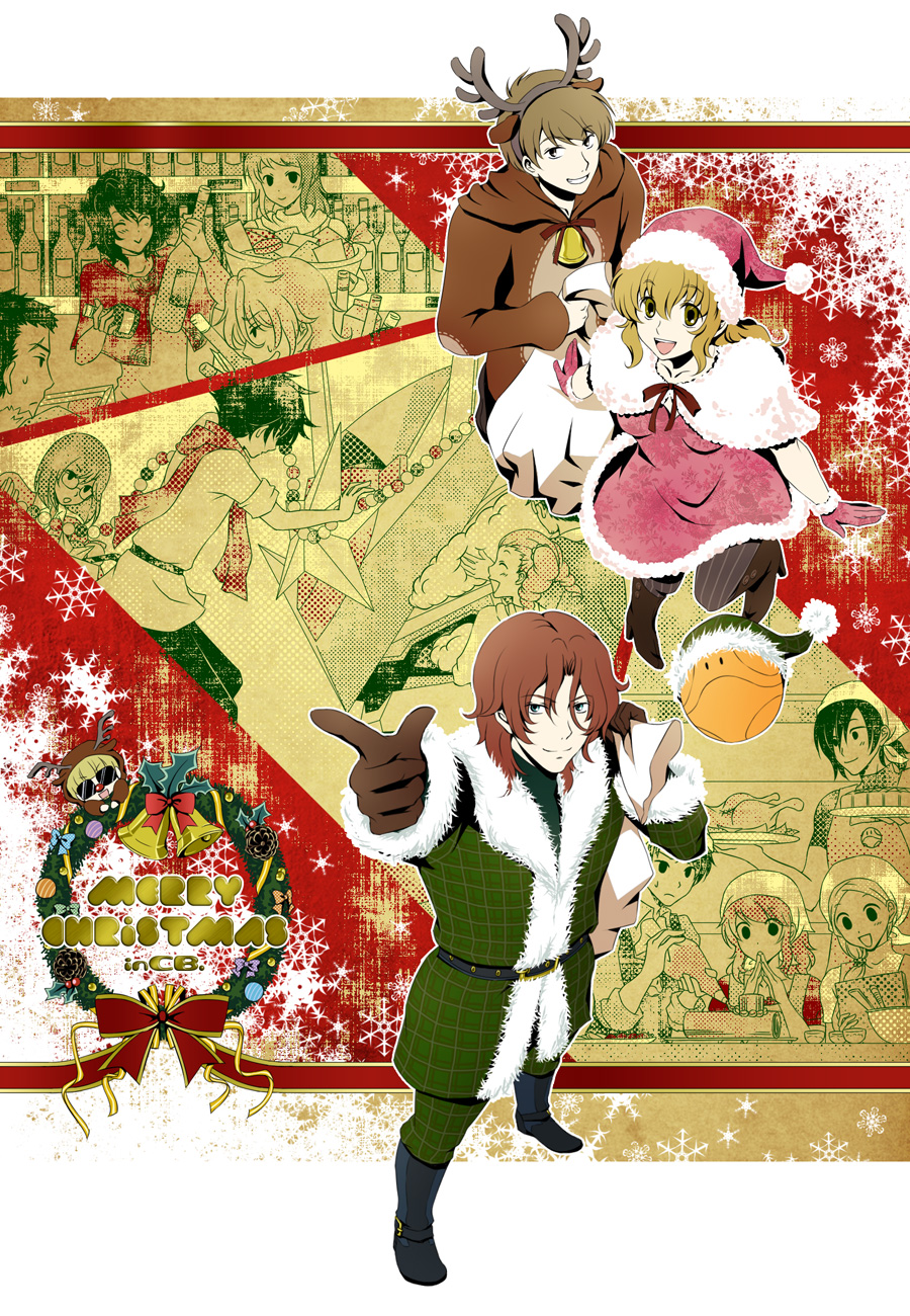 meg (artist), meg maru2, 00 gundam, allelujah haptism, christina sierra, haro, ian vashti, joyce b. moreno, lasse aeon, lichtendahl tsery, lockon stratos, lyle dylandy, mileina vashti, saji crossroad, setsuna f. seiei, soma peries, sumeragi lee noriega, tieria erde, gundam, gundam 00, bad id, bad pixiv id, highres, 00s, 3girls, 6+boys, animal costume, apron, christmas, cooking, joyce moreno, mecha, multiple boys, multiple girls, pantyhose, reindeer costume, robot, santa costume