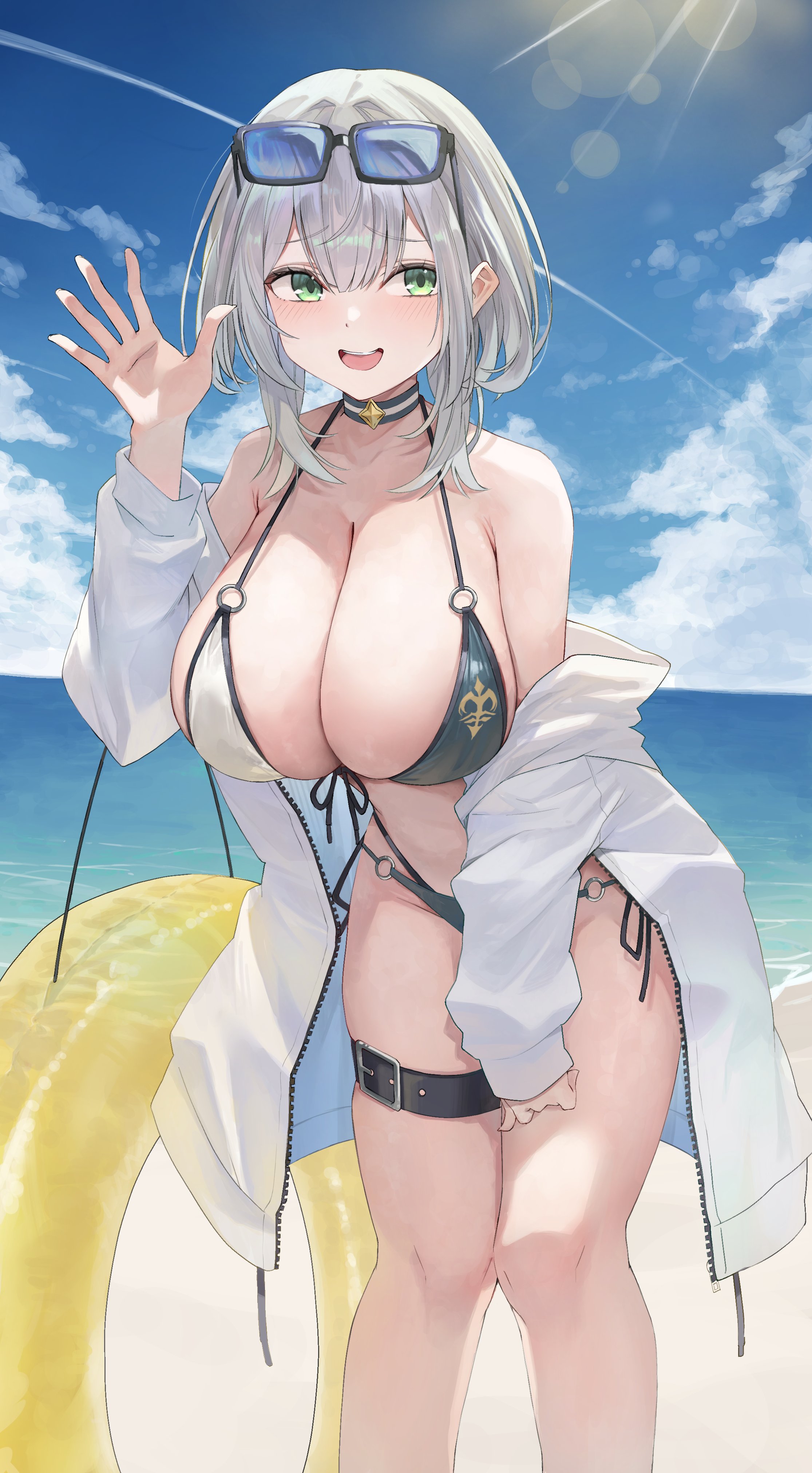 riafel, shirogane noel, shirogane noel (summer 2020), hololive, absurdres, commentary request, highres, 1girl, alternate costume, bare shoulders, beach, belt, bikini, black belt, blue bikini, blue sky, breasts, cloud, day, eyewear on head, feet out of frame, front-tie bikini top, front-tie top, furrowed brow, green eyes, grey hair, hair between eyes, highleg, highleg bikini, innertube, jacket, large breasts, layered bikini, leaning forward, lens, light blush, light rays, long sleeves, looking at viewer, multicolored bikini, o-ring, o-ring bikini, o-ring bottom, o-ring top, ocean, off shoulder, open clothes, open jacket, open mouth, outdoors, shore, side-tie bikini bottom, sky, sleeves past wrists, smile, solo, standing, sunbeam, sunglasses, sunlight, swim ring, swimsuit, thigh belt, thigh strap, two-tone bikini, virtual youtuber, waving, white bikini, white jacket