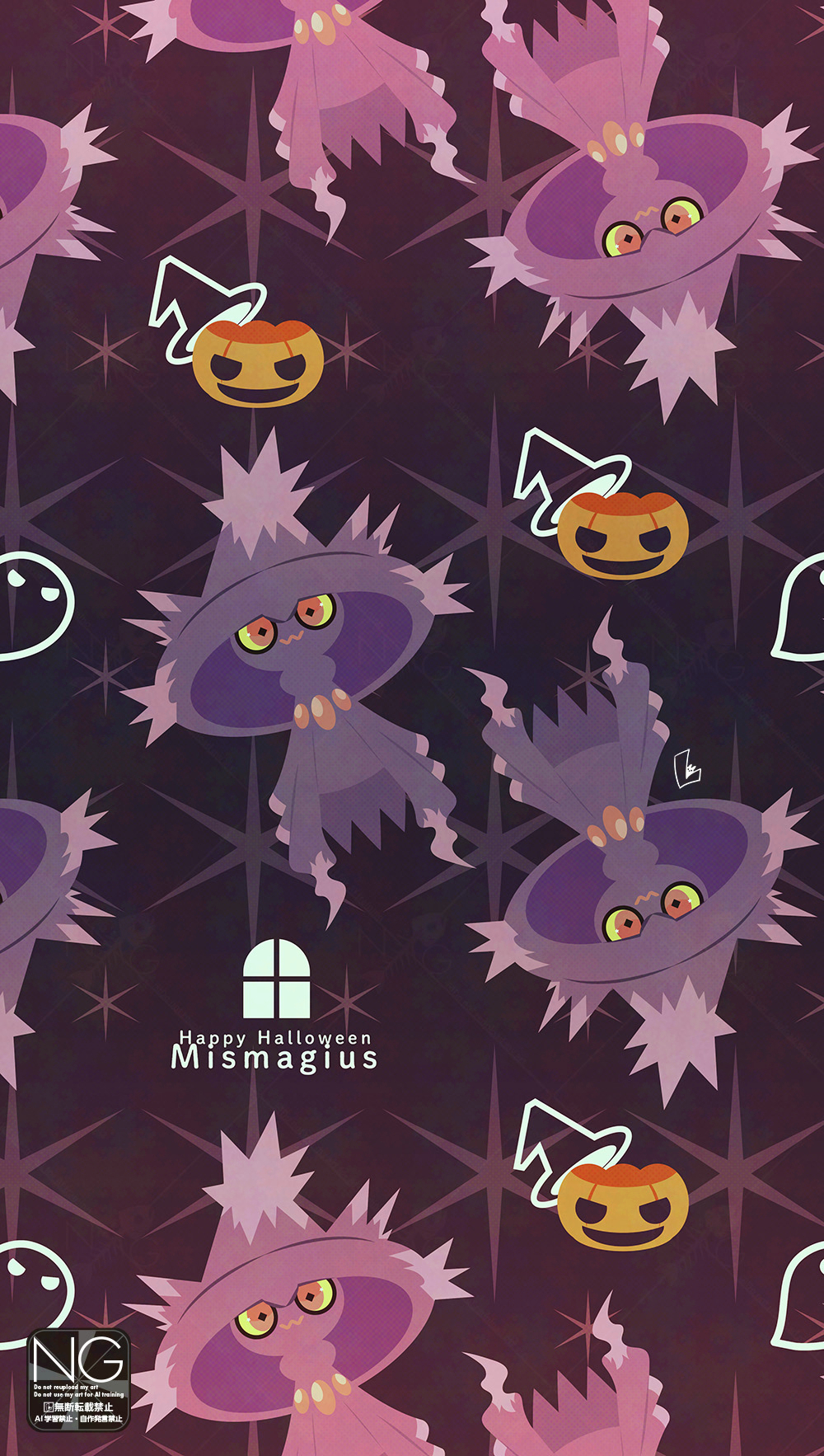 meme (sleepsheep), mismagius, nintendo, pokemon, highres, closed mouth, colored sclera, gen 4 pokemon, ghost, halloween, hat, jack-o'-lantern, looking at viewer, no humans, pokemon (creature), pokemon focus, pumpkin, red eyes, witch hat, yellow eyes, yellow sclera