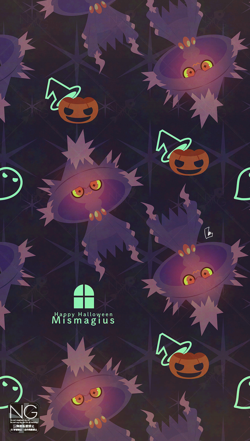 meme (sleepsheep), mismagius, nintendo, pokemon, highres, closed mouth, colored sclera, gen 4 pokemon, ghost, glowing, glowing eyes, halloween, hat, jack-o'-lantern, looking at viewer, no humans, pokemon (creature), pokemon focus, pumpkin, red eyes, witch hat, yellow eyes, yellow sclera