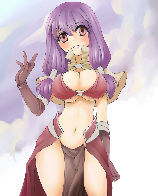 arima natsubon, mage (ragnarok online), ragnarok online, 1girl, blush, breasts, cleavage, curvy, elbow gloves, gloves, hip focus, loincloth, long hair, long loincloth, low-tied long hair, midriff, navel, pelvic curtain, pink eyes, purple hair, smile, underboob, wide hips
