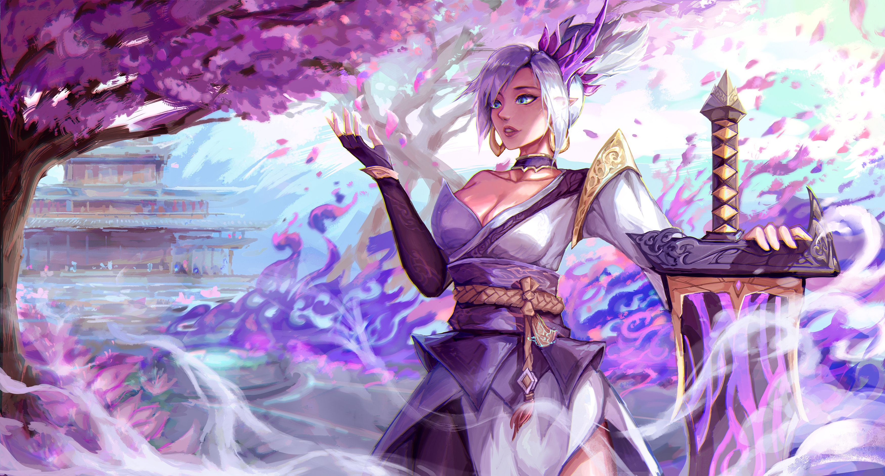 youlan, riven (league of legends), spirit blossom riven, league of legends, absurdres, chinese commentary, commentary request, highres, 1girl, blue eyes, breasts, cleavage, collarbone, cowboy shot, detached collar, falling petals, huge weapon, japanese clothes, kimono, lips, long sleeves, medium breasts, medium hair, nose, outdoors, parted lips, petals, pink petals, purple sash, purple theme, sash, solo, weapon