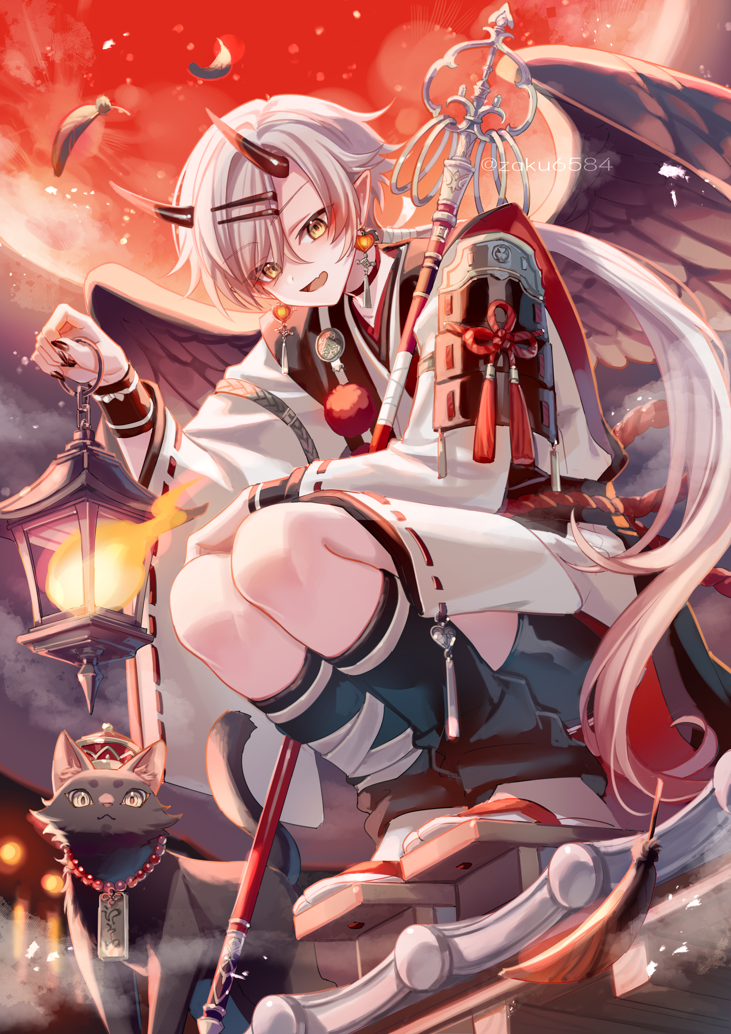 suzaku (zaku6584), original, absurdres, commentary request, highres, 1boy, :d, blue shorts, blue socks, brown sandals, cat, earrings, full body, geta, hair ornament, holding, holding lantern, horns, japanese clothes, jewelry, kimono, lantern, long sleeves, looking at viewer, male focus, oni, open mouth, orange sky, outdoors, ribbon-trimmed sleeves, ribbon trim, sandals, short hair, shorts, sky, smile, socks, solo, squatting, tabi, twitter username, white hair, white kimono, wide sleeves, yellow eyes