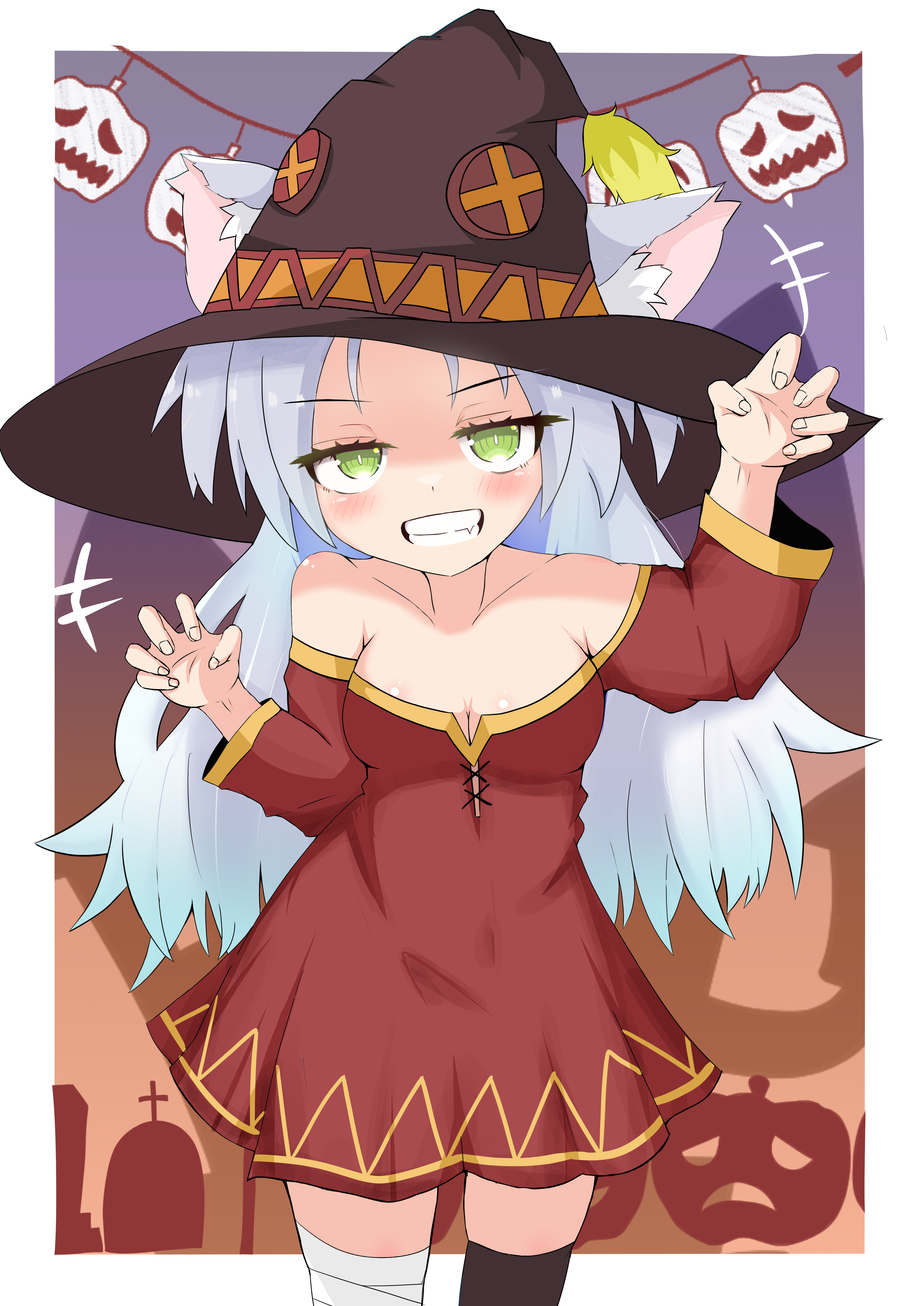 ichinotani mayu, megumin, sims (azur lane), azur lane, kono subarashii sekai ni shukufuku wo!, absurdres, highres, 1girl, animal ears, asymmetrical legwear, bandaged leg, bandages, bare shoulders, blush, breasts, cat ears, cat girl, claw pose, cleavage, cosplay, dress, ears through headwear, fang, green eyes, grin, halloween, hands up, hat, medium breasts, megumin (cosplay), off-shoulder dress, off shoulder, pumpkin background, red dress, single thighhigh, slit pupils, small breasts, smile, solo, thighhighs, white hair, witch, witch hat