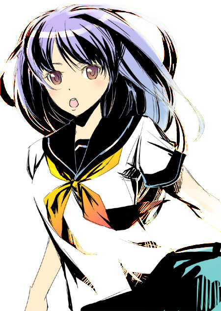kage yuu, original, 1girl, blue hair, brown eyes, expressionless, female focus, long hair, looking at viewer, open mouth, school uniform, serafuku, short sleeves, simple background, solo
