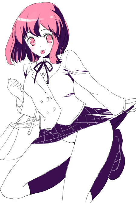 kage yuu, kushieda minori, toradora!, 00s, 1girl, female focus, kneehighs, monochrome, panties, pantyshot, pink eyes, pink hair, purple theme, red eyes, red hair, school uniform, socks, solo, spot color, tongue, underwear