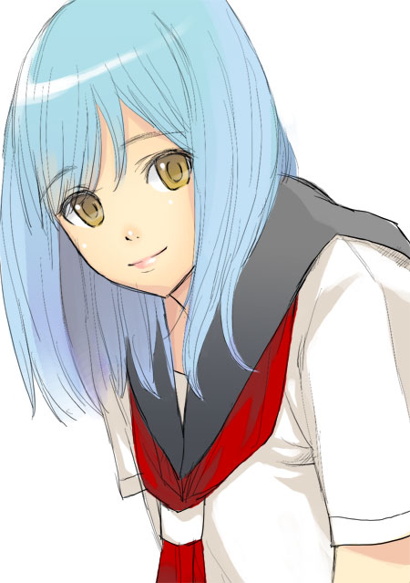 kage yuu, 1girl, blue hair, female focus, school uniform, simple background, sketch, smile, solo