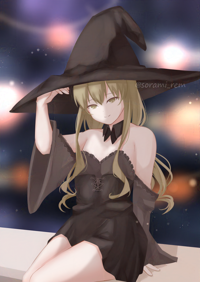 sorami rem, original, chinese commentary, commentary, english commentary, korean commentary, mixed-language commentary, 1boy, artist name, bare shoulders, black dress, blonde hair, crossdressing, crossdressing (mtf), dress, halloween, hat, looking at viewer, sitting, solo, strapless, strapless dress, trap, witch, witch hat, yellow eyes
