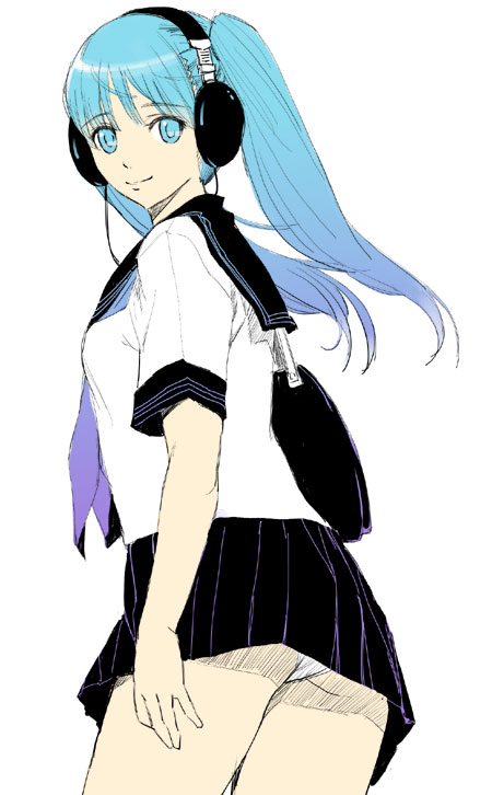 kage yuu, tagme, 1girl, bag, blue hair, cable, cowboy shot, female focus, flat color, headphones, microskirt, neckerchief, panties, pantyshot, purple neckerchief, school uniform, shoulder bag, simple background, skirt, solo, underwear, white background