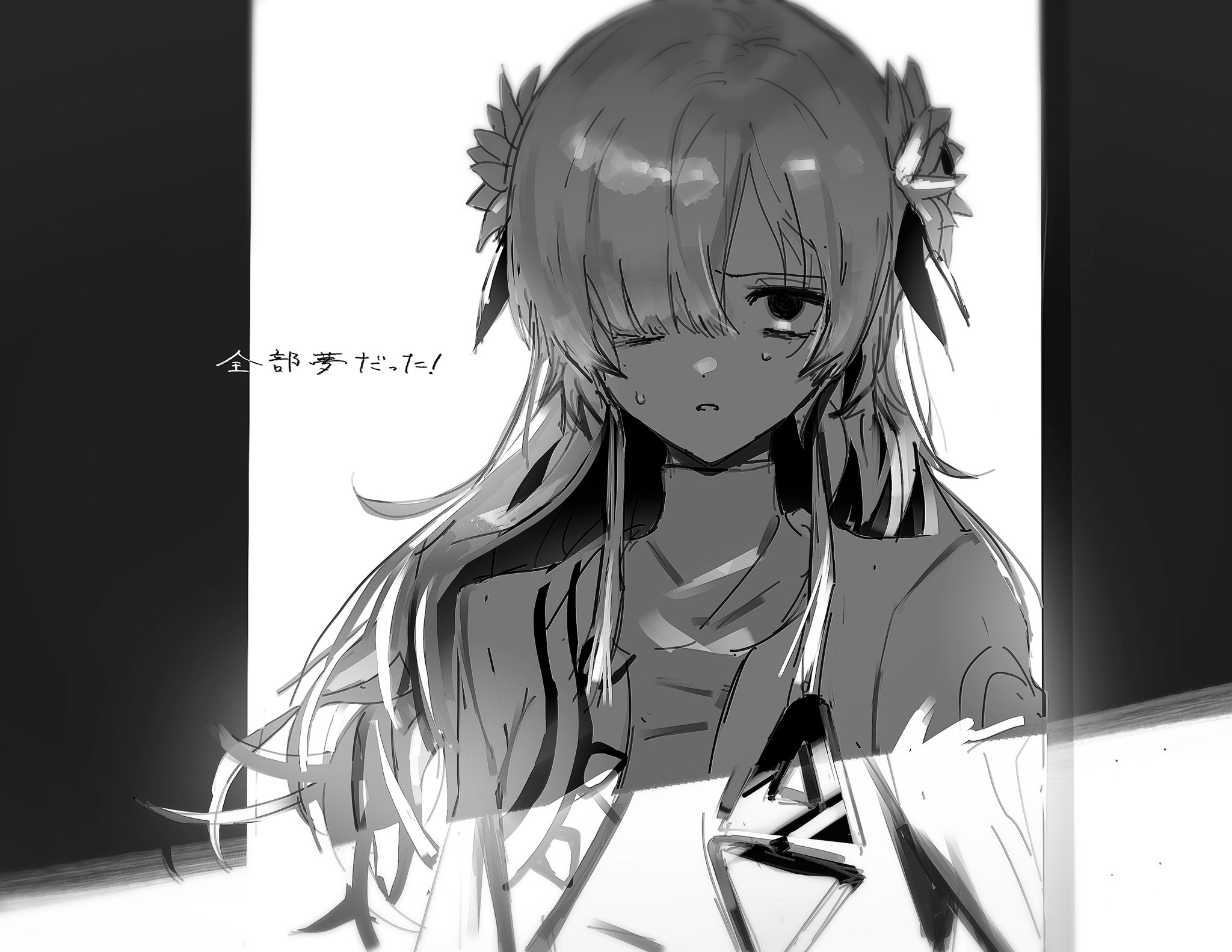 suica 000, isekaijoucho, kamitsubaki studio, commentary request, highres, 1girl, doorway, dress, flower, furrowed brow, greyscale, hair flower, hair ornament, hair over one eye, jacket, light frown, long hair, looking at viewer, monochrome, nervous, one eye covered, open clothes, open jacket, parted lips, shadow, solo, song name, turtleneck, turtleneck dress, upper body, virtual youtuber, zenbu yume datta (synthesizer v)