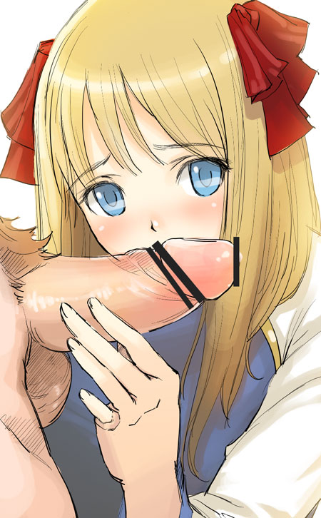 kage yuu, 1boy, 1girl, blonde hair, blue eyes, blush, censored, close-up, clothed female nude male, hair ribbon, nude, penis, penis awe, ribbon, shy, solo focus